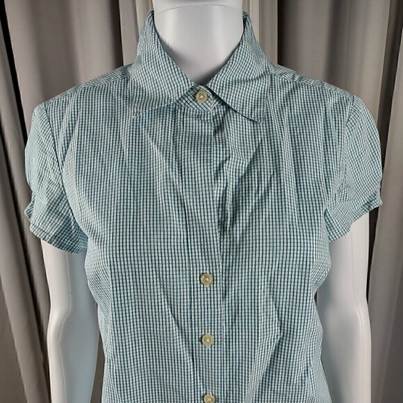 Ann Taylor 100% Cotton Blue White Checkered Short Sleeve Button Down Shirt Sz S - Picture 2 of 10